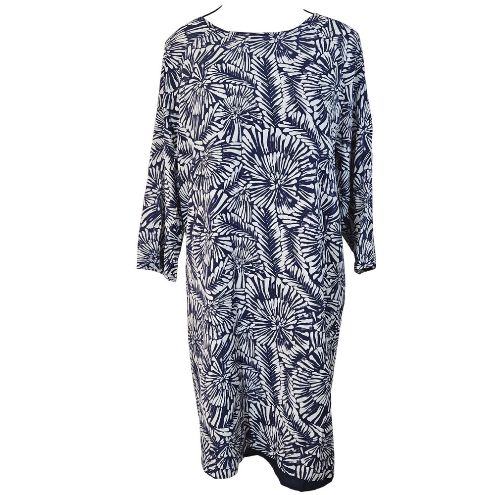Garnet Hill Silk Shift Dress Womens 6 Navy White Botanical Fan Print Coastal